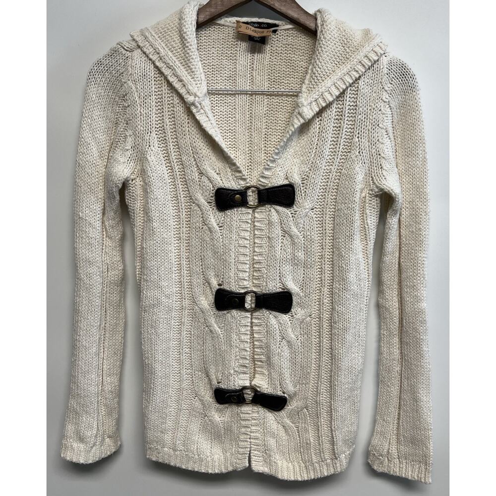 Y2K Hooded Toggle button Cable Knit Cardigan Sweater Small Equestrian Cape Cod